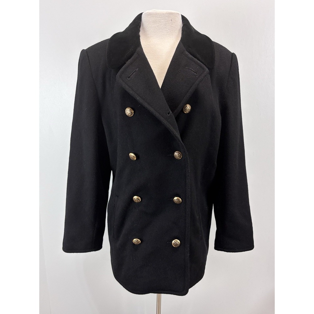 Bromley Wool Blend Pea Coat Sz 8 Women's Black Gold Buttons Lined Velvet Collar